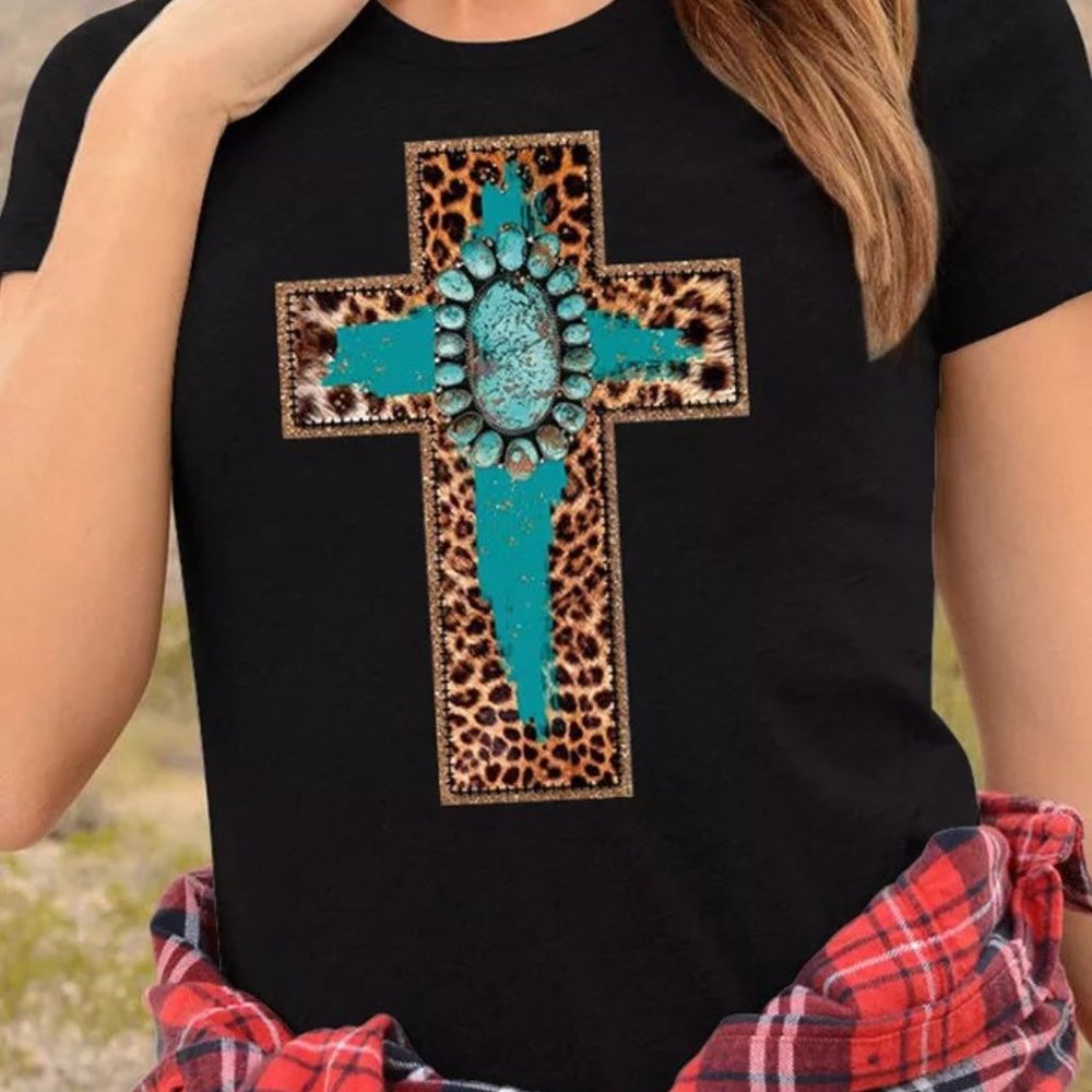 women's top with turquoise and leopard cross